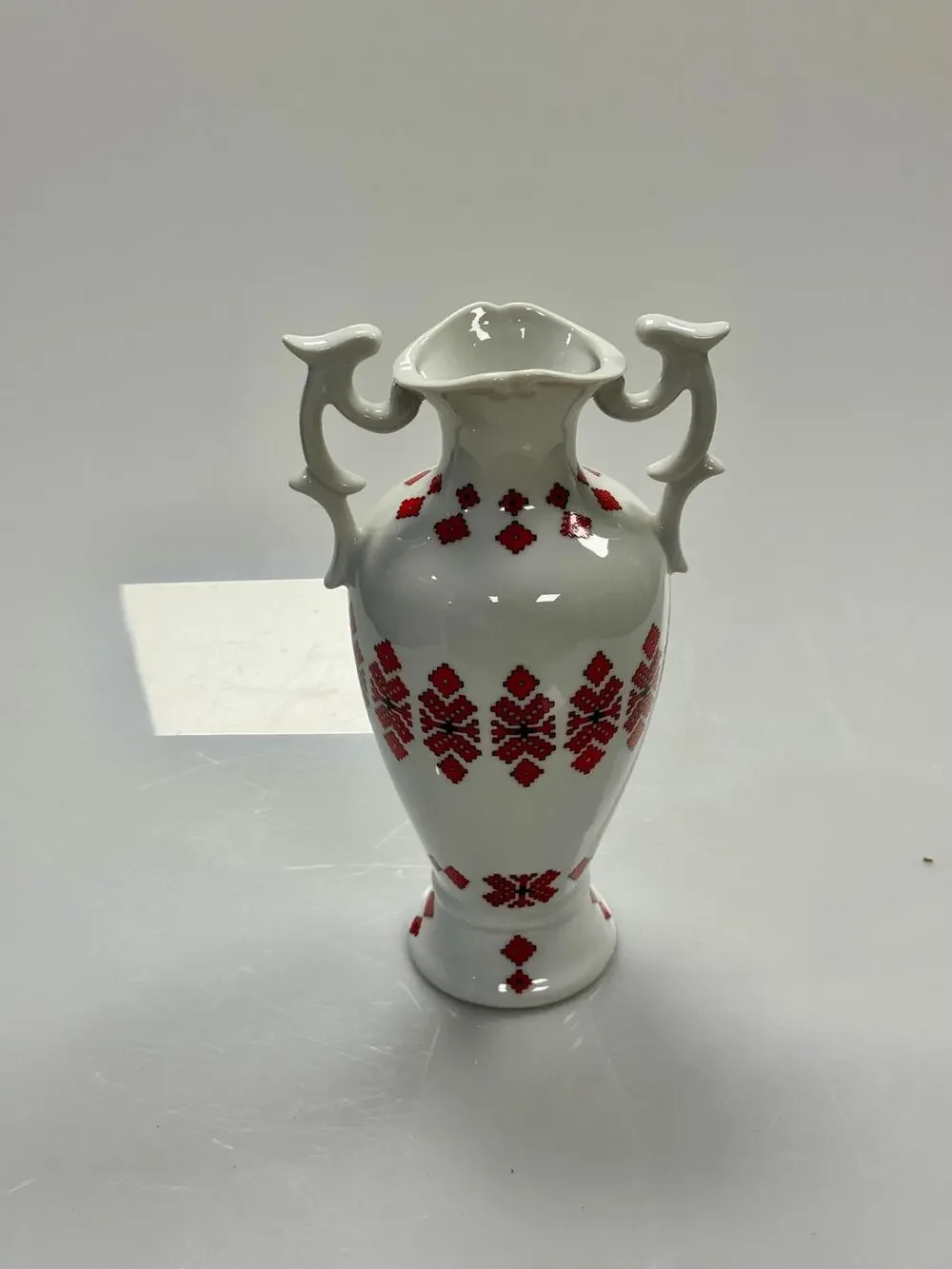 Vintage West German Porcelain Vase Red Black Folk Cross Stitch Decor